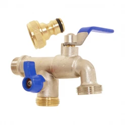 Fitt Robinet D'arrosage Robinet Extérieur Double Sortie 20x27 Entrée 15x21 Vanne Arrêt Laiton